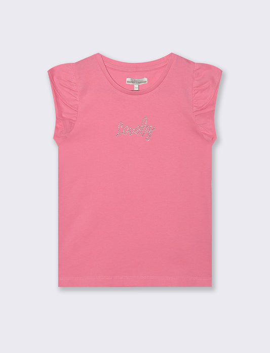 T-shirt with rhinestones and ruffled sleeves - Pink