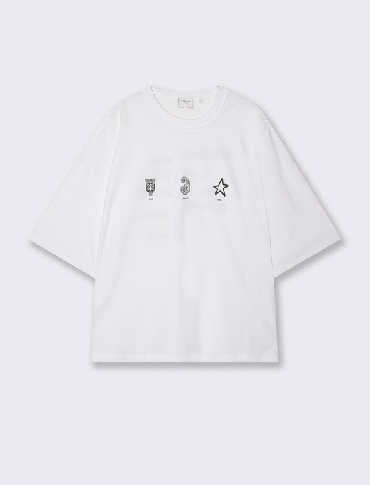 T-shirt boxy fit con stampe e ricami - Bianco