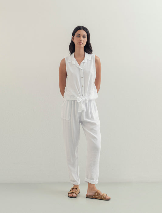 Pantalone con tasche a toppe ed elastico in vita - Bianco