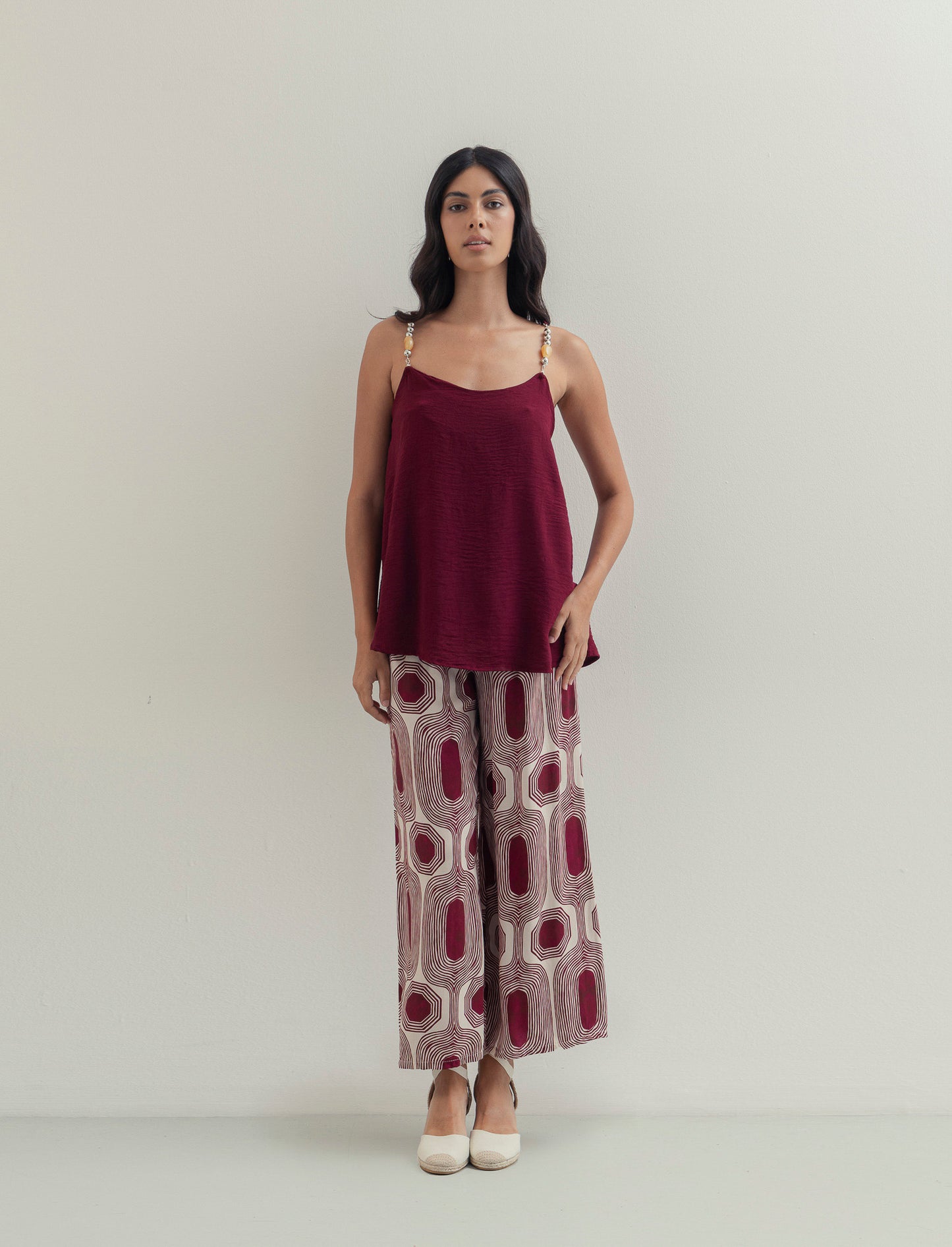 Pantalone largo stampato in viscosa - Rosso india