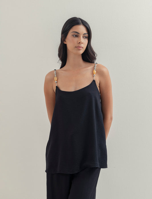 Top con bretelle con accessorio - Nero