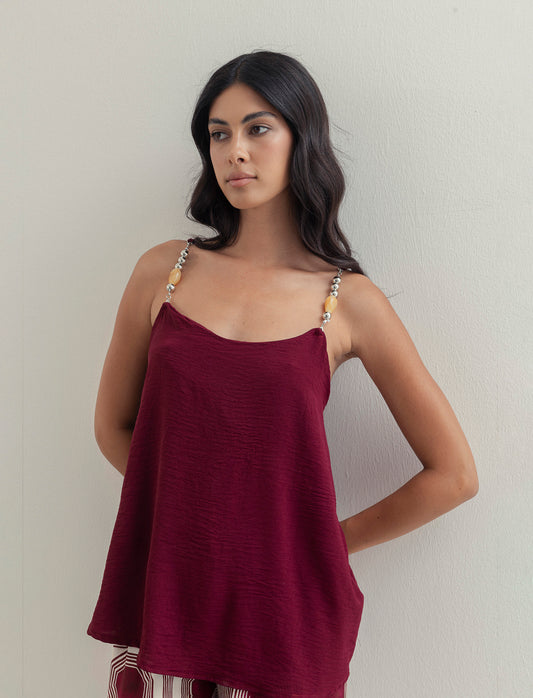 Top con bretelle con accessorio - Rosso india