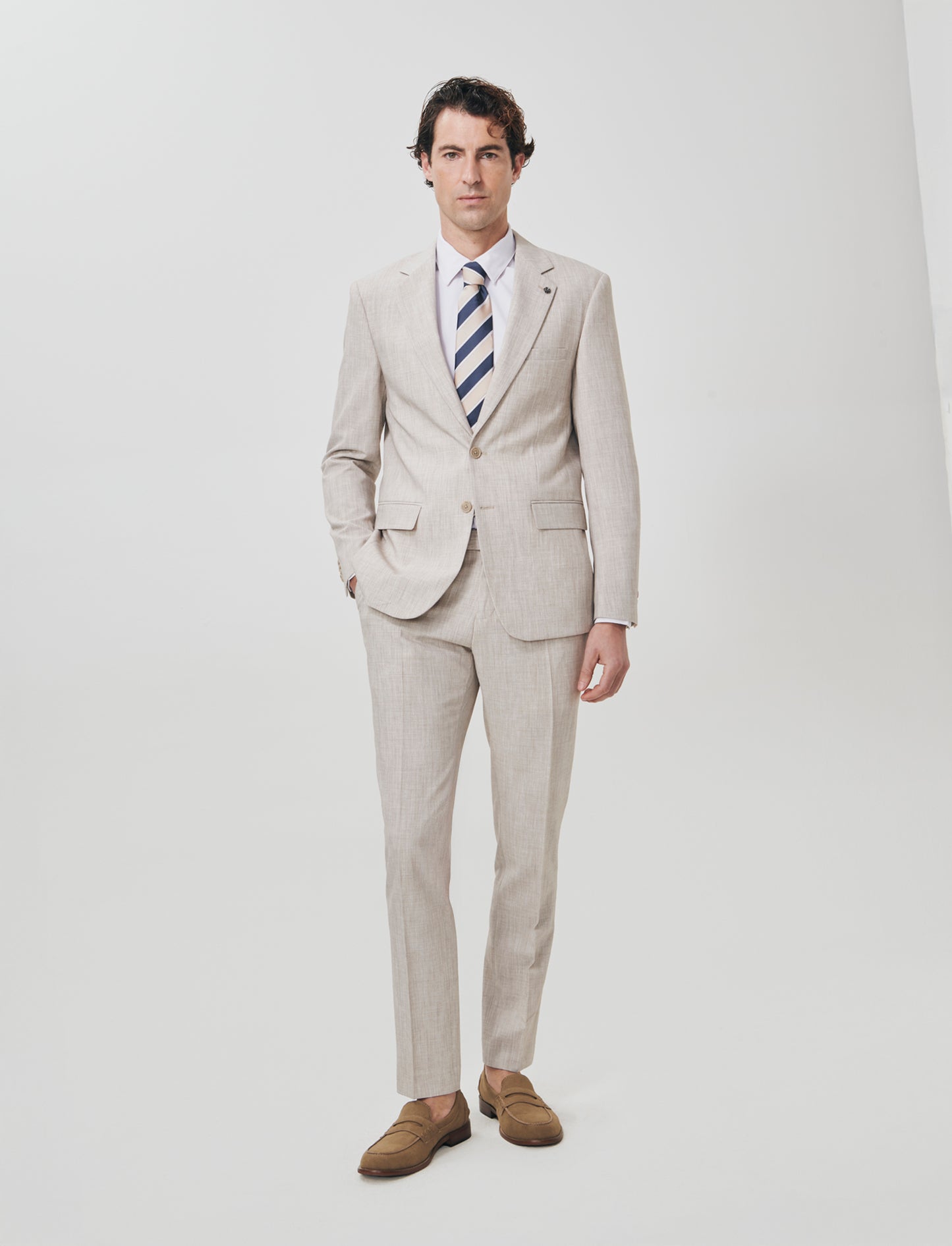 Linen effect blazer with classic collar - Beige
