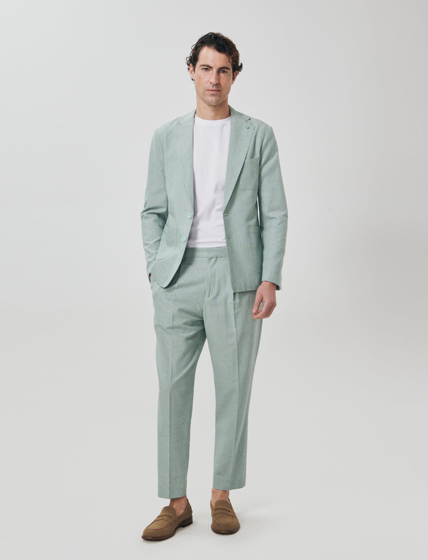 Linen Blend Jogger Pants with Pleats - Green