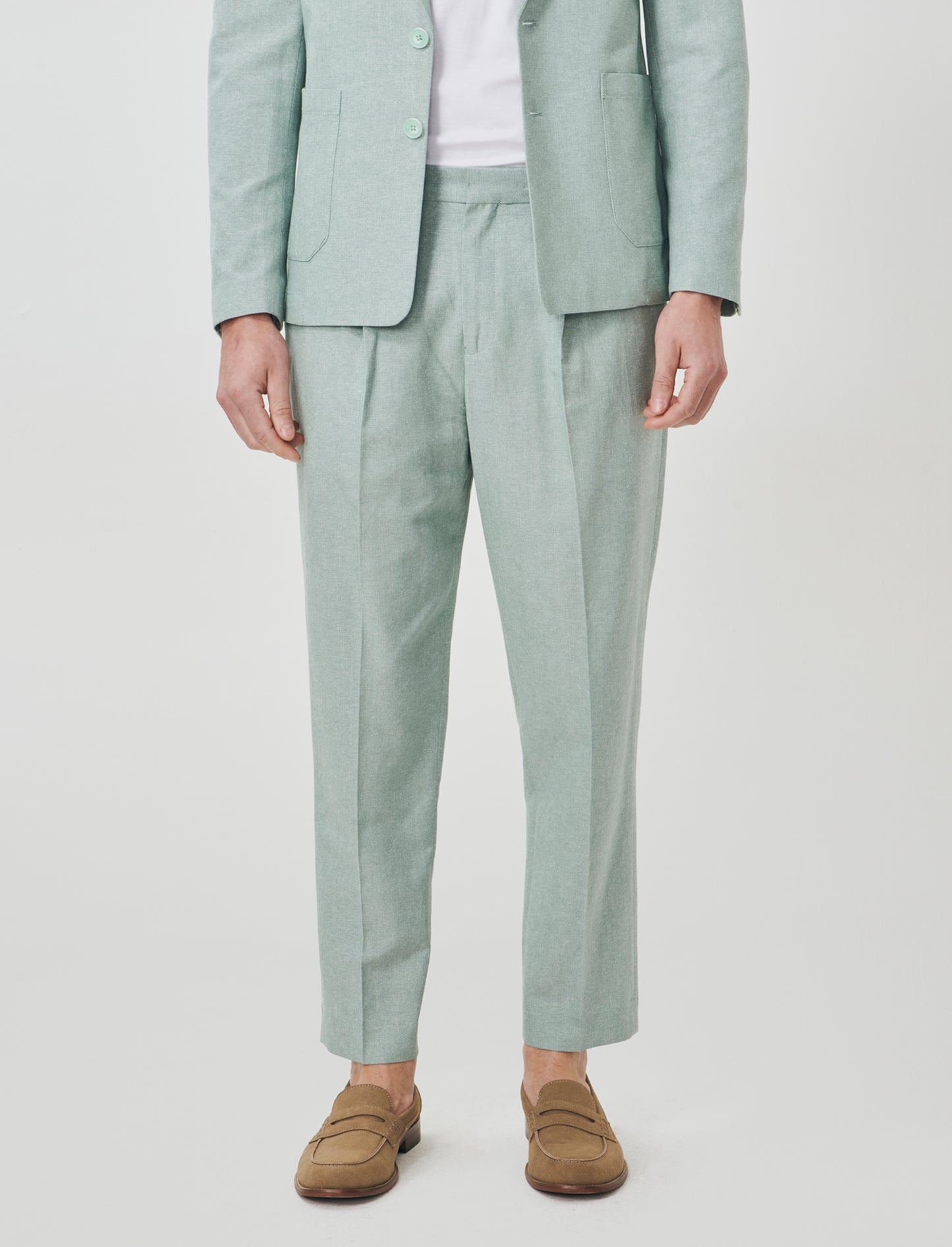 Linen Blend Jogger Pants with Pleats - Green