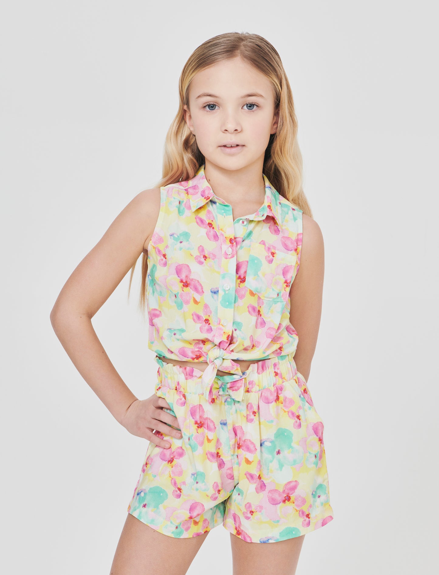 Camicia estiva bambina con fiocco e stampa - Giallo