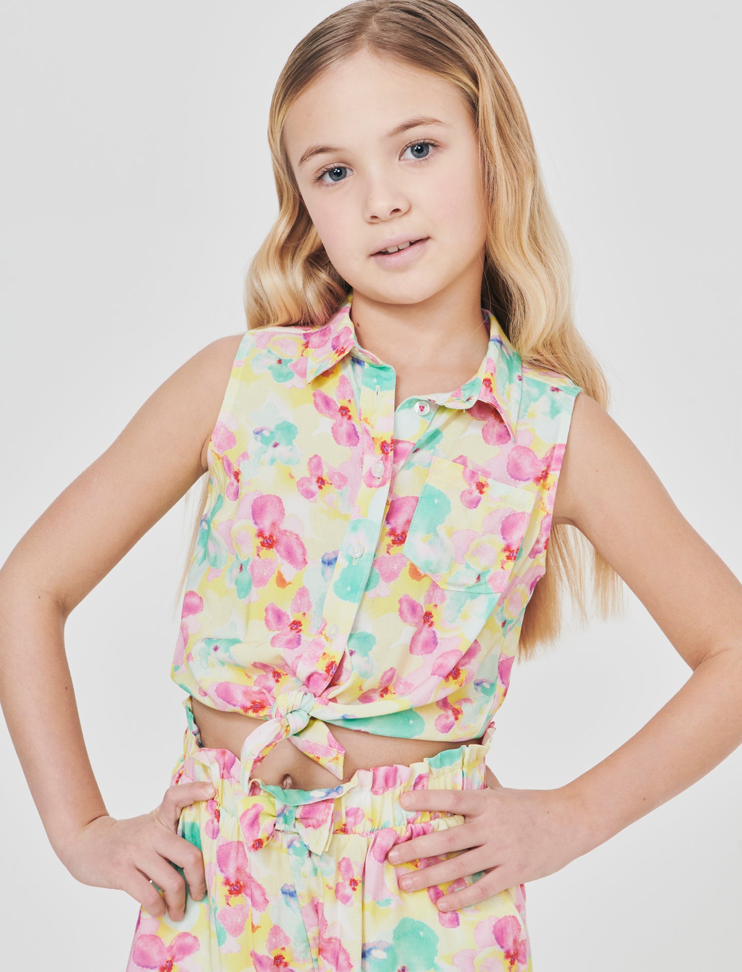 Camicia estiva bambina con fiocco e stampa - Giallo