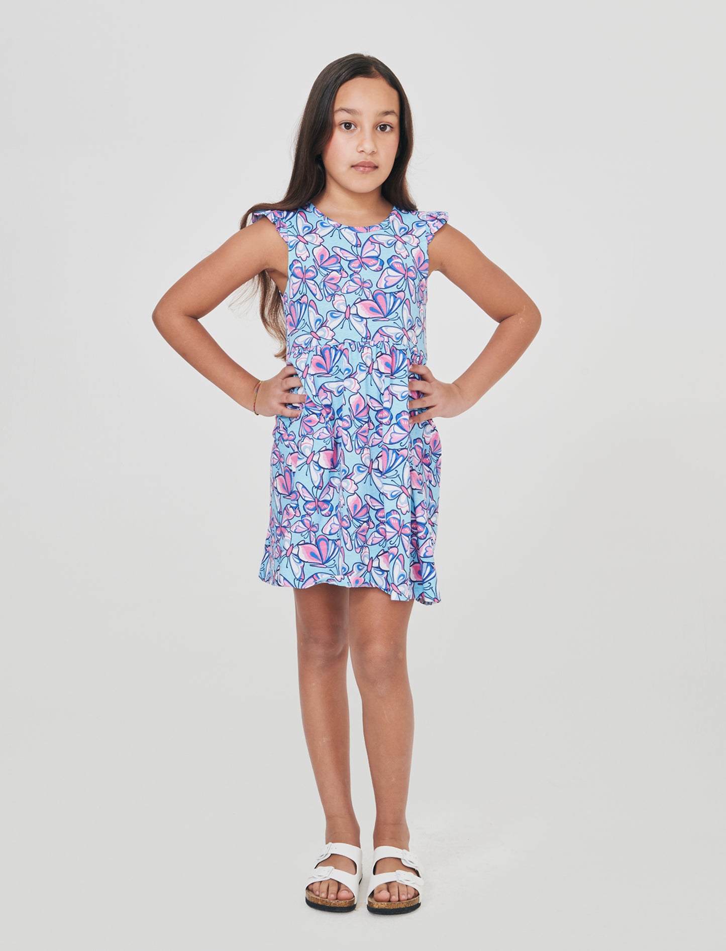 Abito con stampe e giromanica con volant - Azzurro