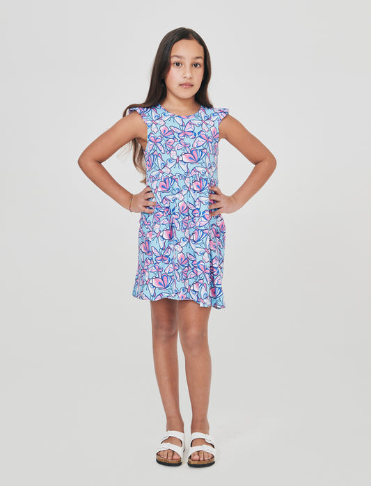 Abito con stampe e giromanica con volant - Azzurro