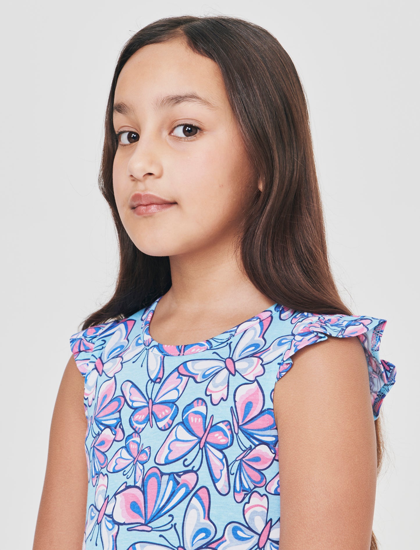 Abito con stampe e giromanica con volant - Azzurro