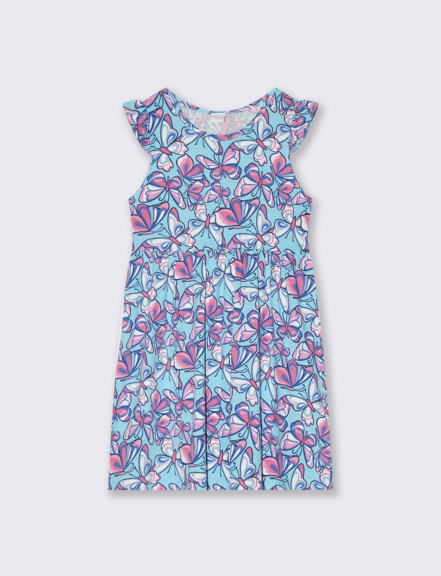 Abito con stampe e giromanica con volant - Azzurro