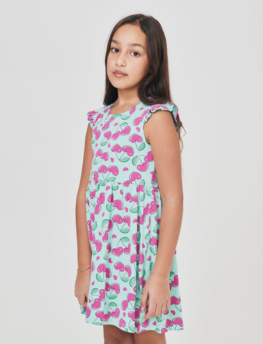 Abito con stampe e giromanica con volant - Verde acqua