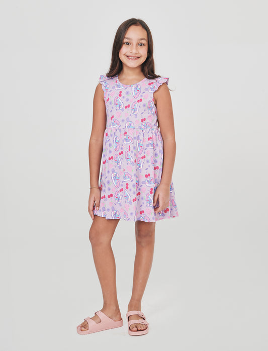 Abito con stampe e giromanica con volant - Lilla