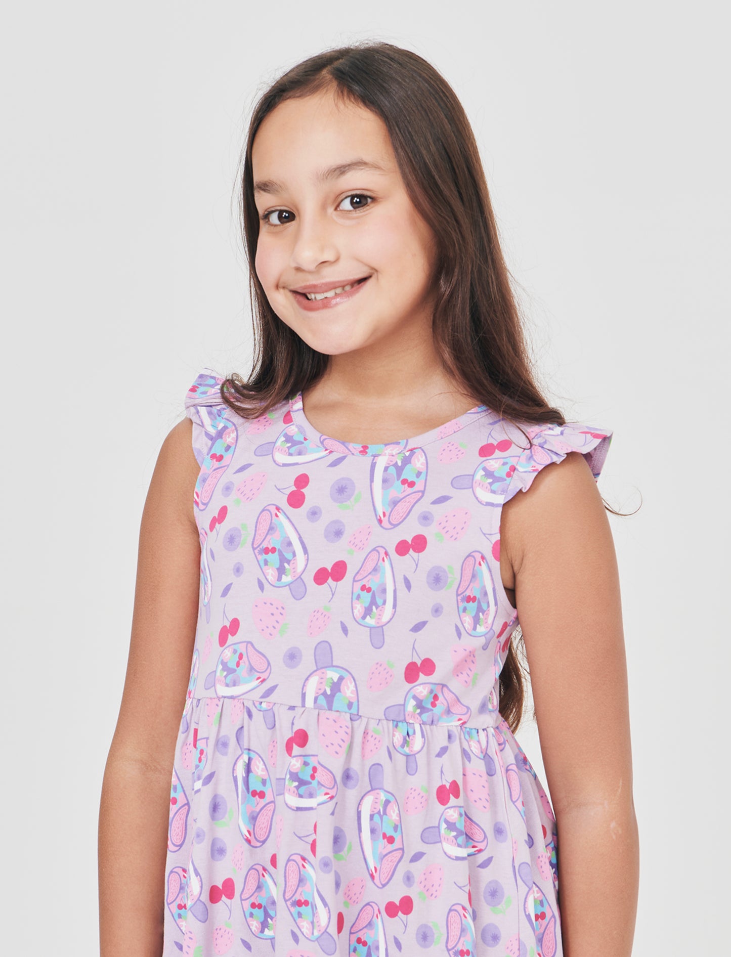 Abito con stampe e giromanica con volant - Lilla