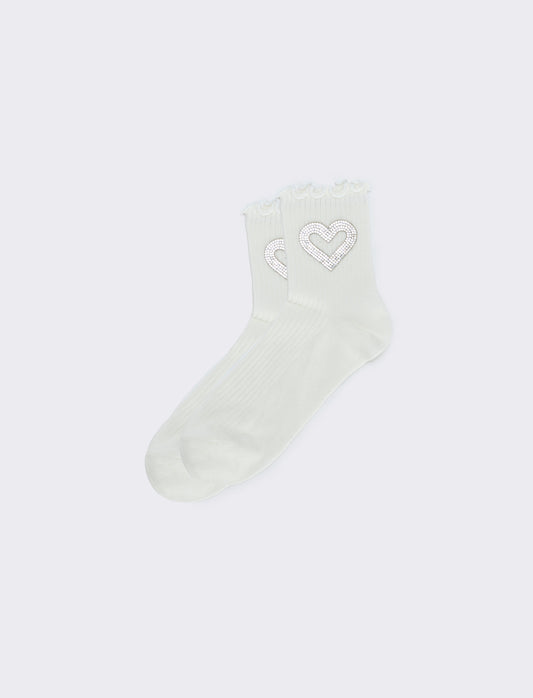 Sock heart with rhinestones - White