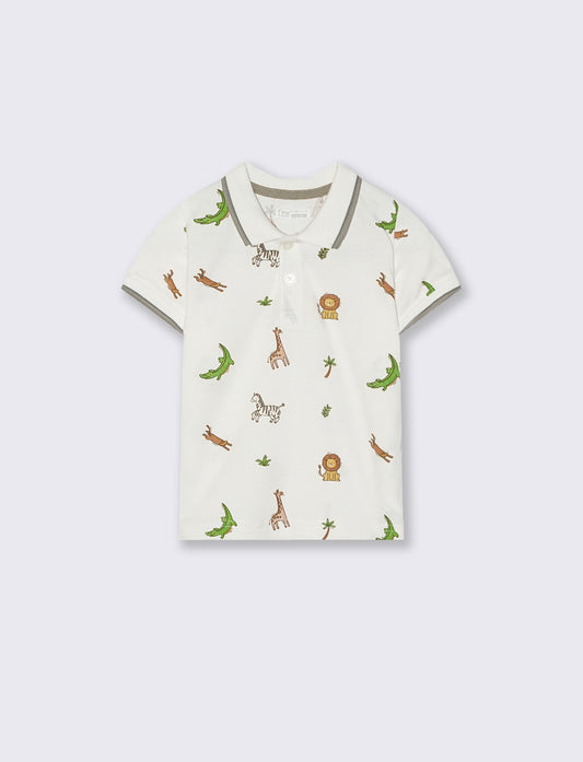 Polo in piquet con stampa giungla - Bianco latte