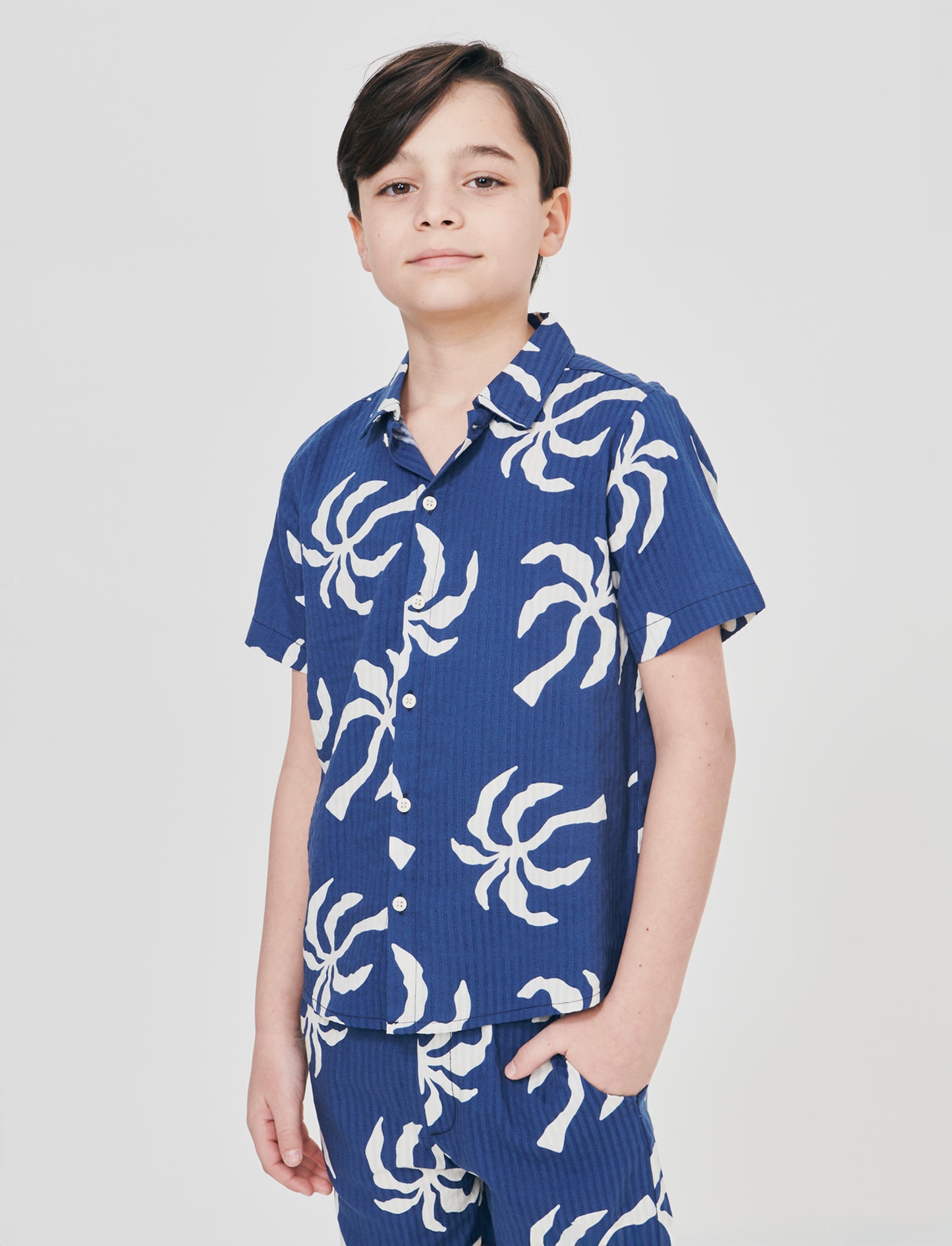 Short Sleeve Printed Cotton Shirt - Blue