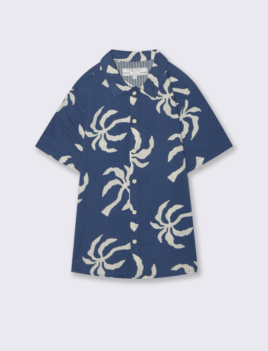 Short Sleeve Printed Cotton Shirt - Blue