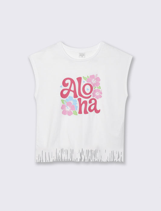 Fringe T-shirt with Colorful Prints - White
