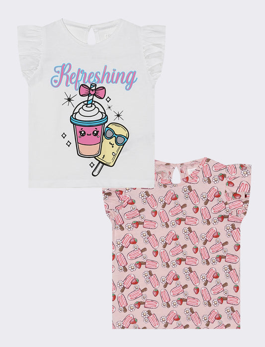 Set bipack di T-shirt con rouches e stampa - Bianco