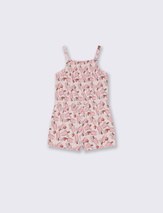Tuta in jersey a fantasia con bretelline - Rosa