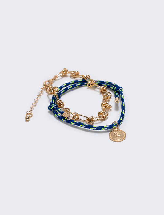 Cavigliera in cordoncino e catenina nodi - Blu