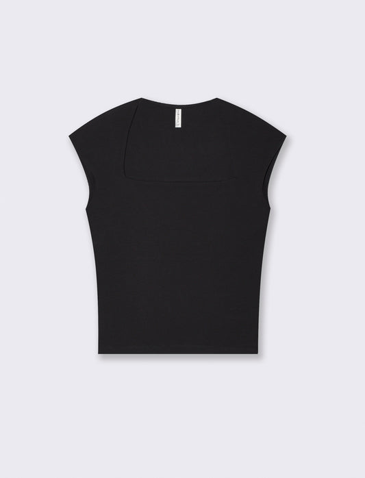 T-Shirt Slim con Spalla Scesa e Scollo Quadrato - Nero
