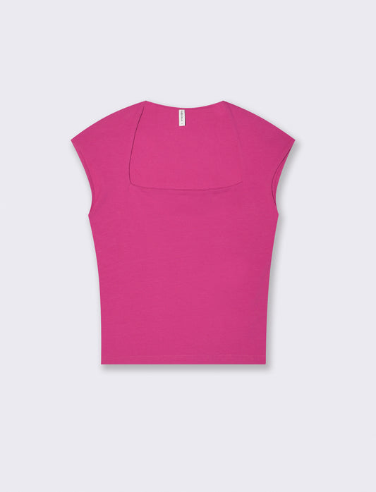 T-Shirt Slim con Spalla Scesa e Scollo Quadrato - Fuxia
