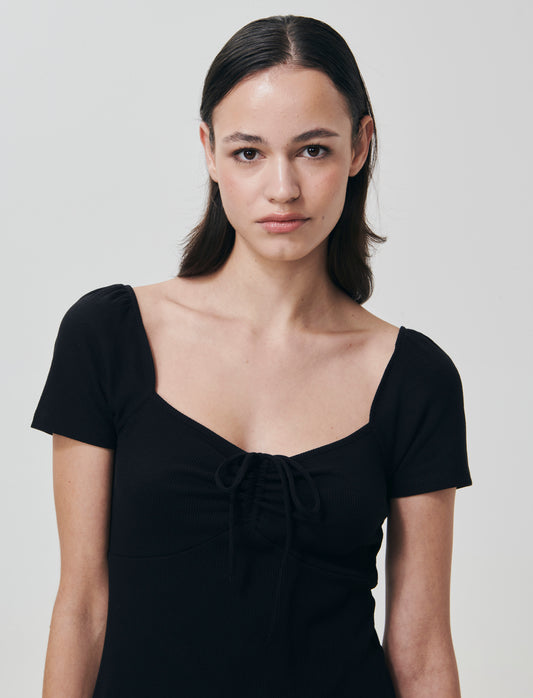 Vestito Corto a Coste con Manica Aletto - Nero