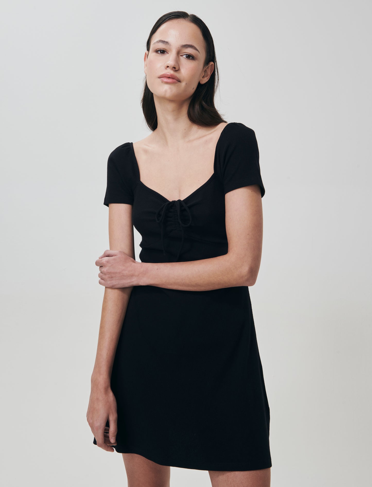 Vestito Corto a Coste con Manica Aletto - Nero