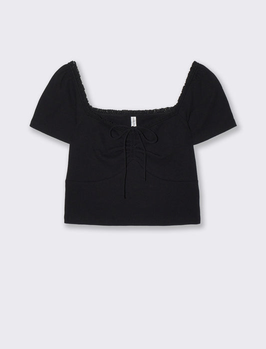 Top arricciato con manica corta slim - Nero