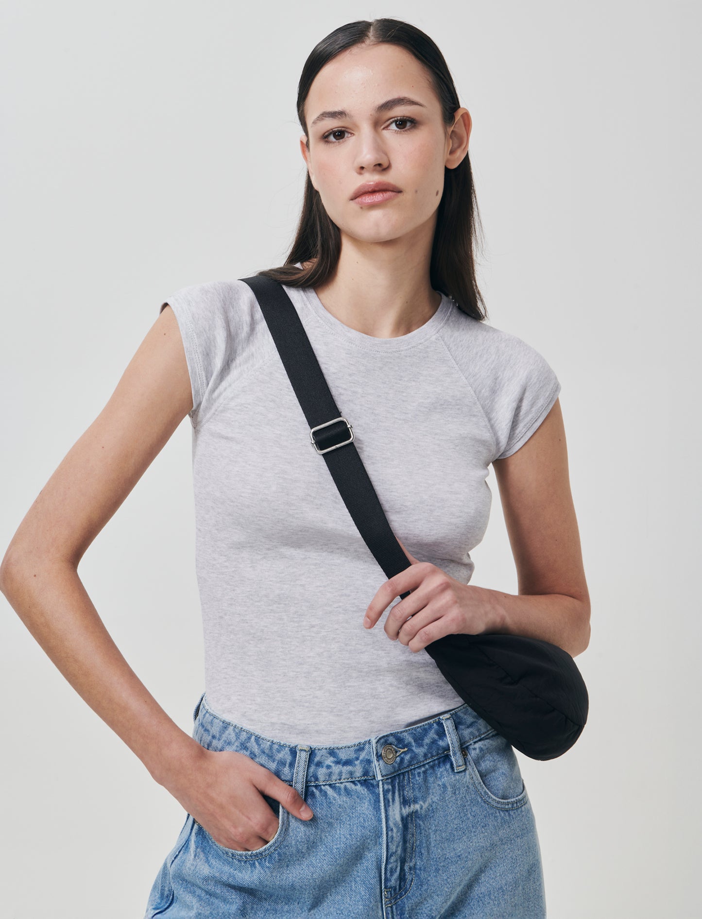 T-shirt basica slim in cotone raglan - Grigio chiaro mel.