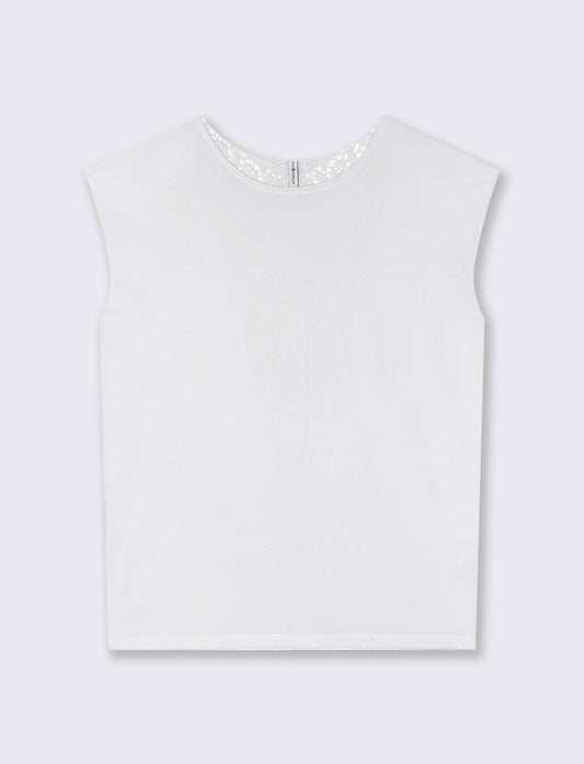 T-Shirt in Cotone con Inserto in Crochet - Bianco