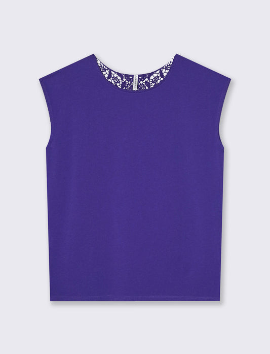 T-Shirt in Cotone con Inserto in Crochet - Blu cobalto