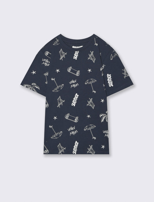 T-shirt in cotone con stampe beach - Blu