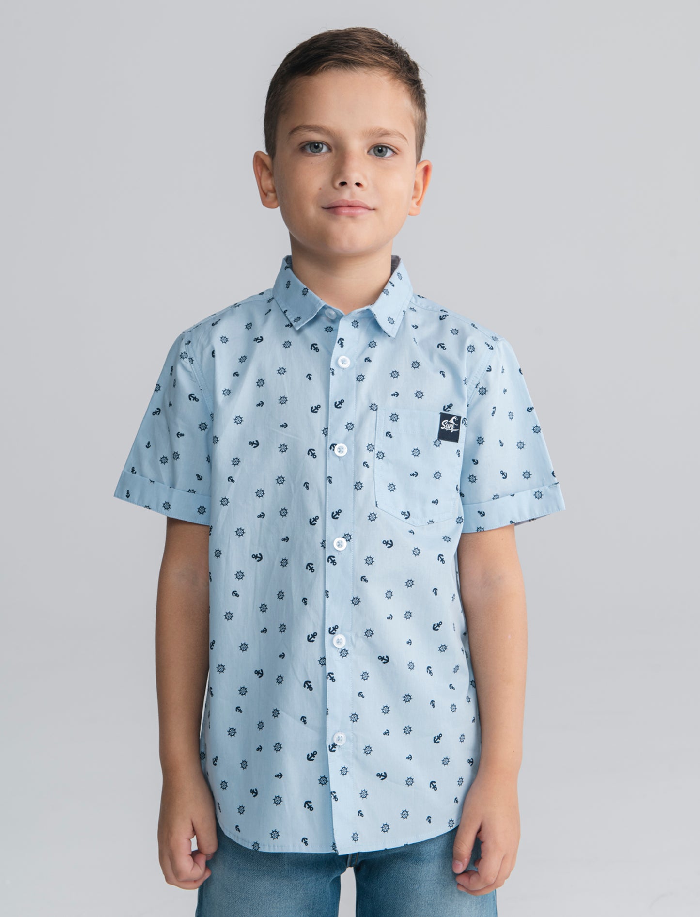 Camicia mezza manica micro-stampa cotone - Azzurro