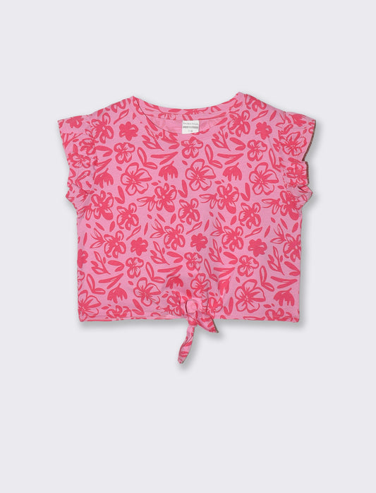 T-shirt estiva in cotone con nodo e manica aletta - Rosa