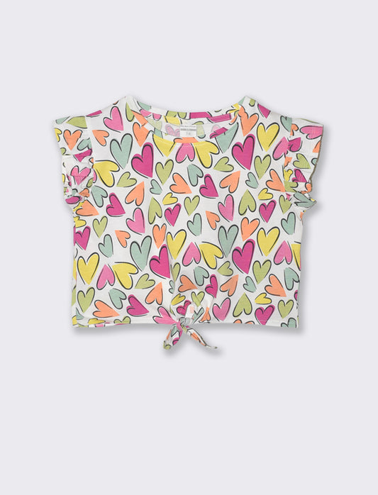 Summer cotton T-shirt with knot and cap sleeve - Multicolor