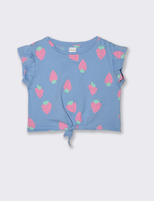 Summer cotton T-shirt with knot and cap sleeve - Sky blue
