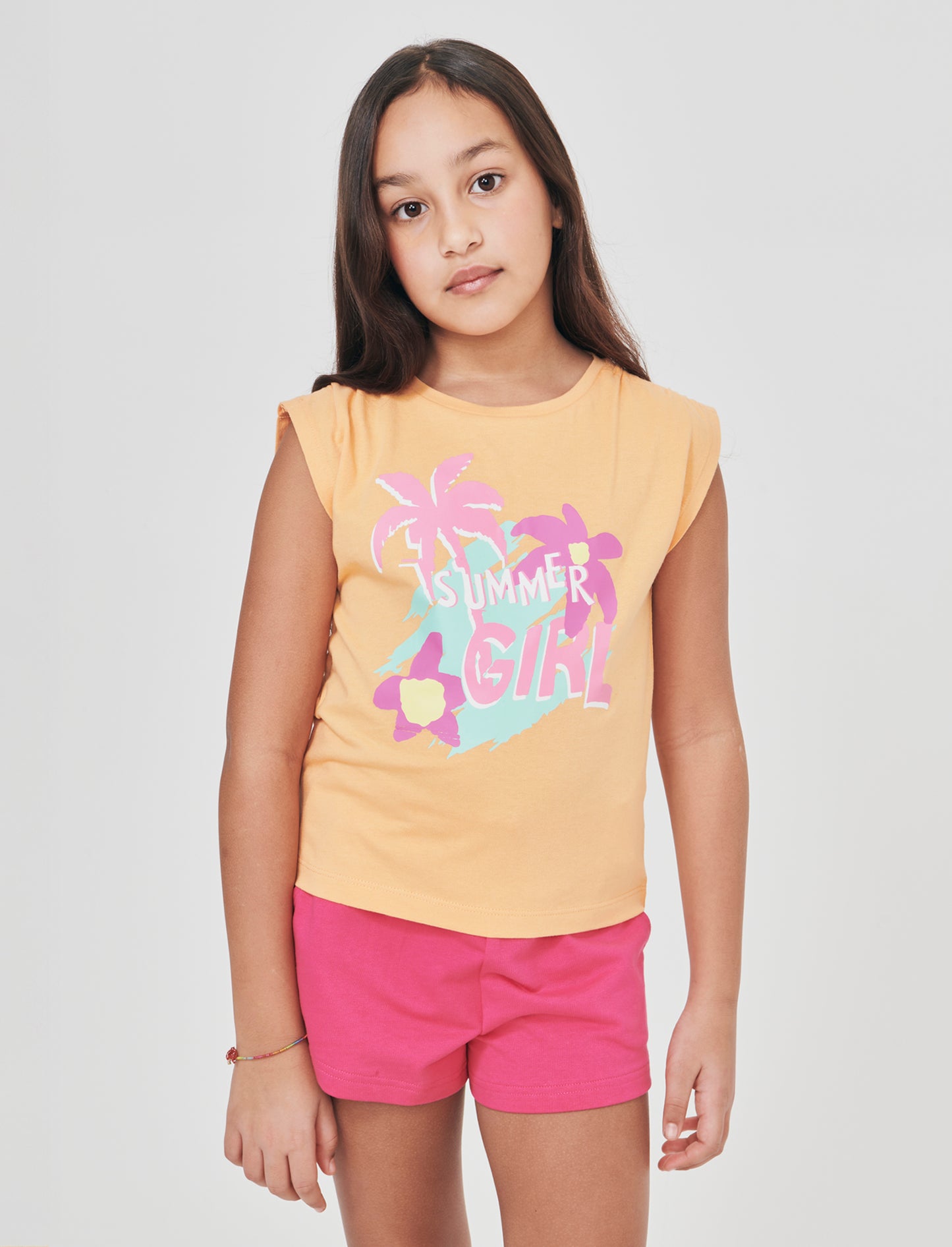 T-shirt giromanica bambina con arriccio - Pesca