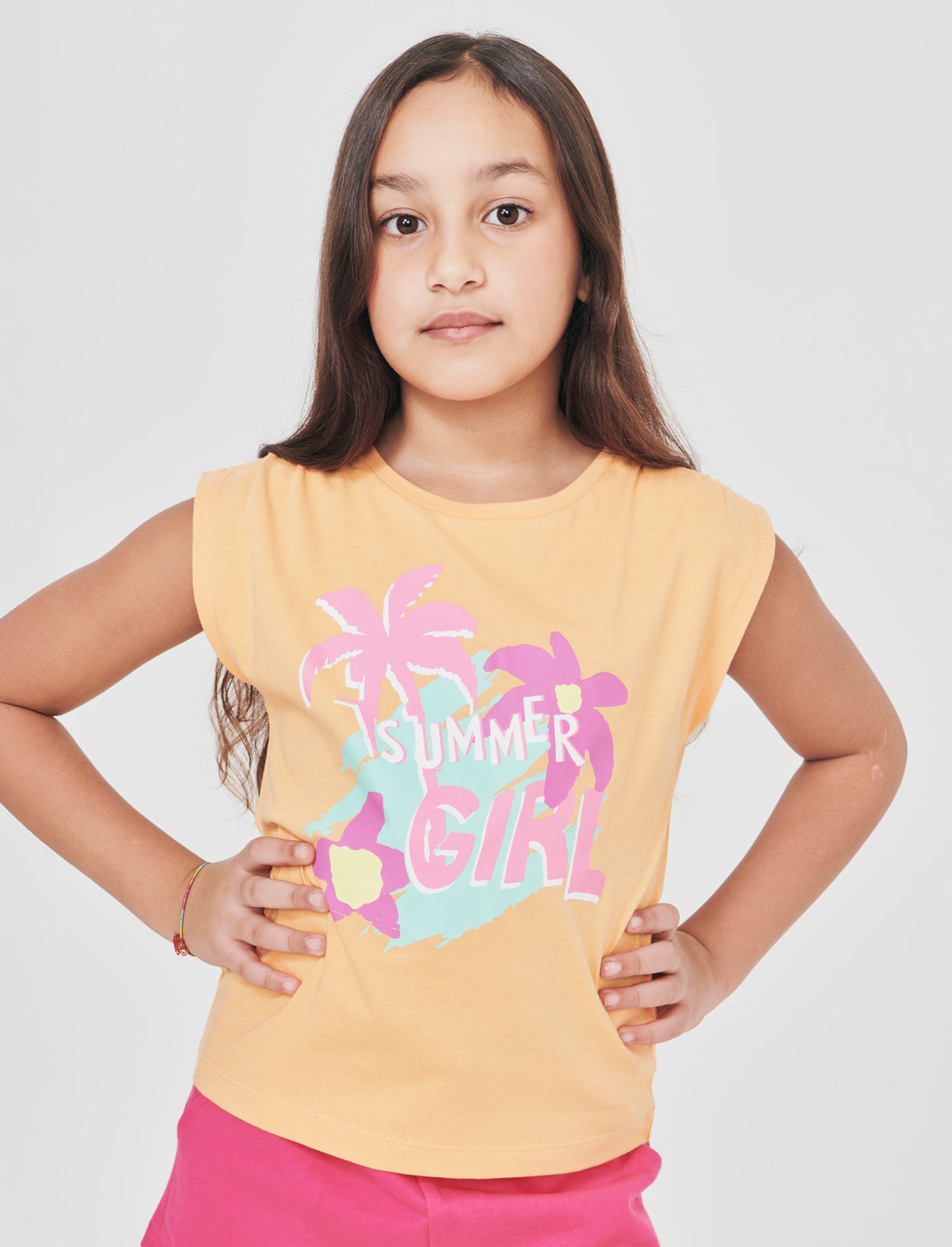 T-shirt giromanica bambina con arriccio - Pesca