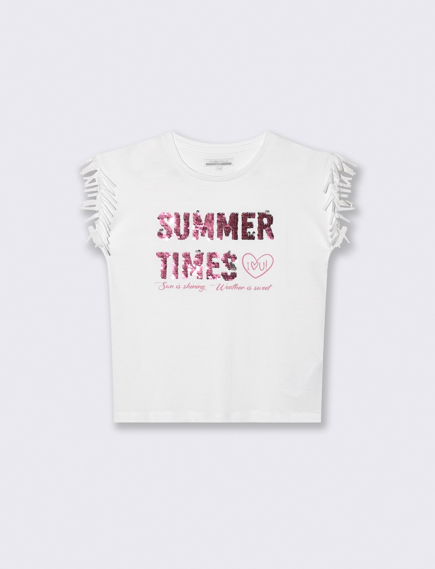 T-shirt con frange e paillettes da bambina - Bianco