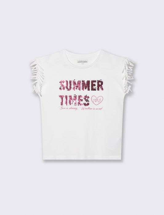 T-shirt con frange e paillettes da bambina - Bianco