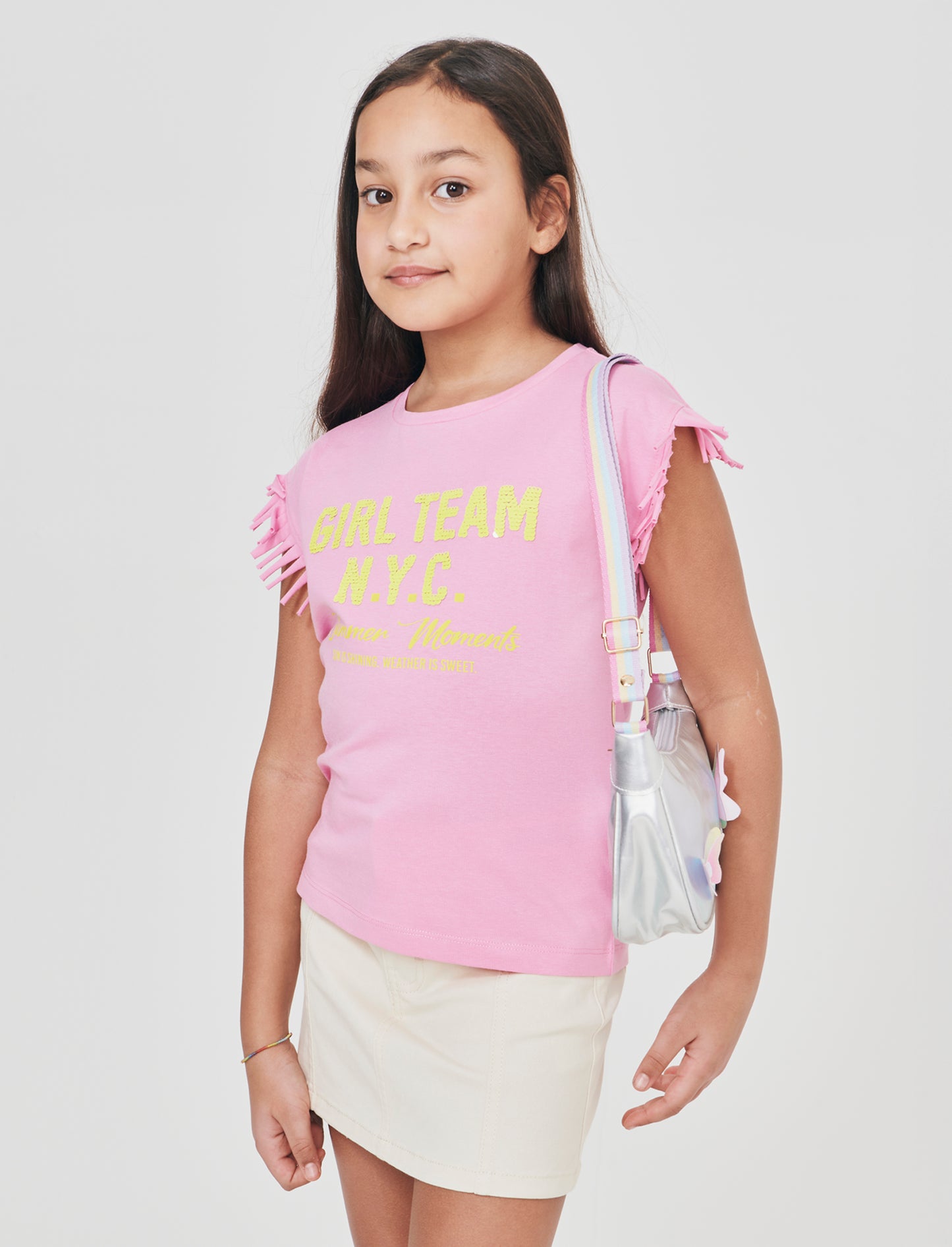 Fringed T-shirt with sequins for girls - Pink