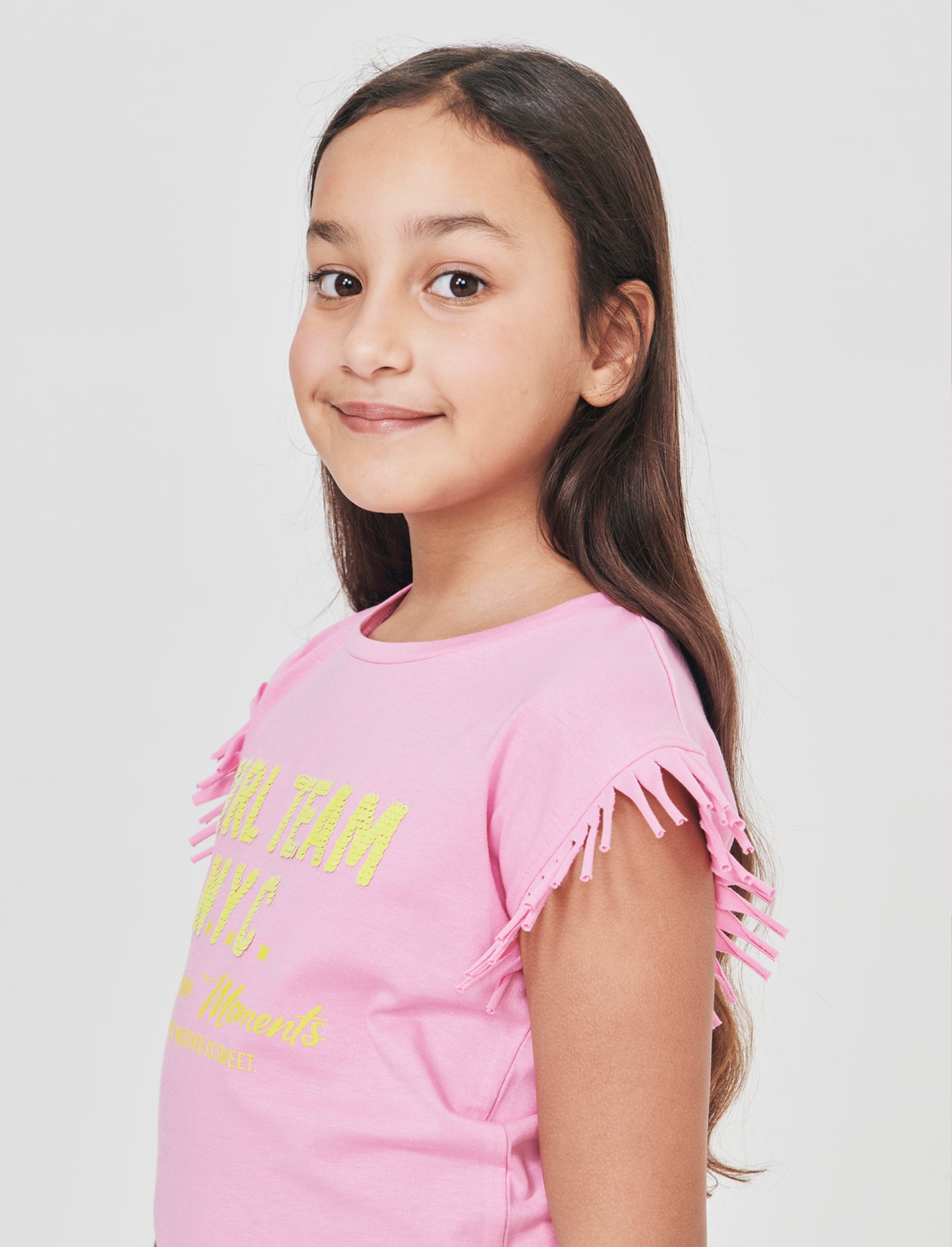 Fringed T-shirt with sequins for girls - Pink