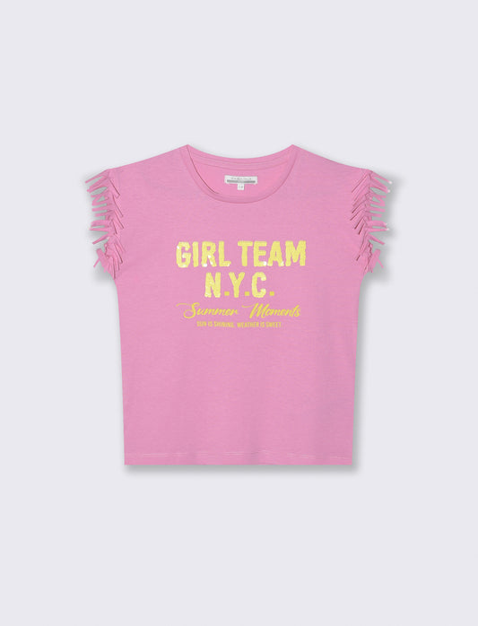 T-shirt con frange e paillettes da bambina - Rosa