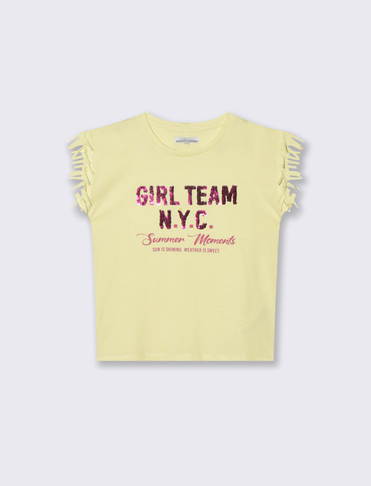 T-shirt con frange e paillettes da bambina - Giallo