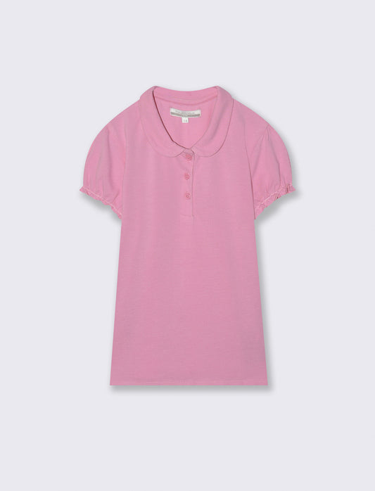 T-shirt polo cotone bambina con maniche arricciate - Rosa