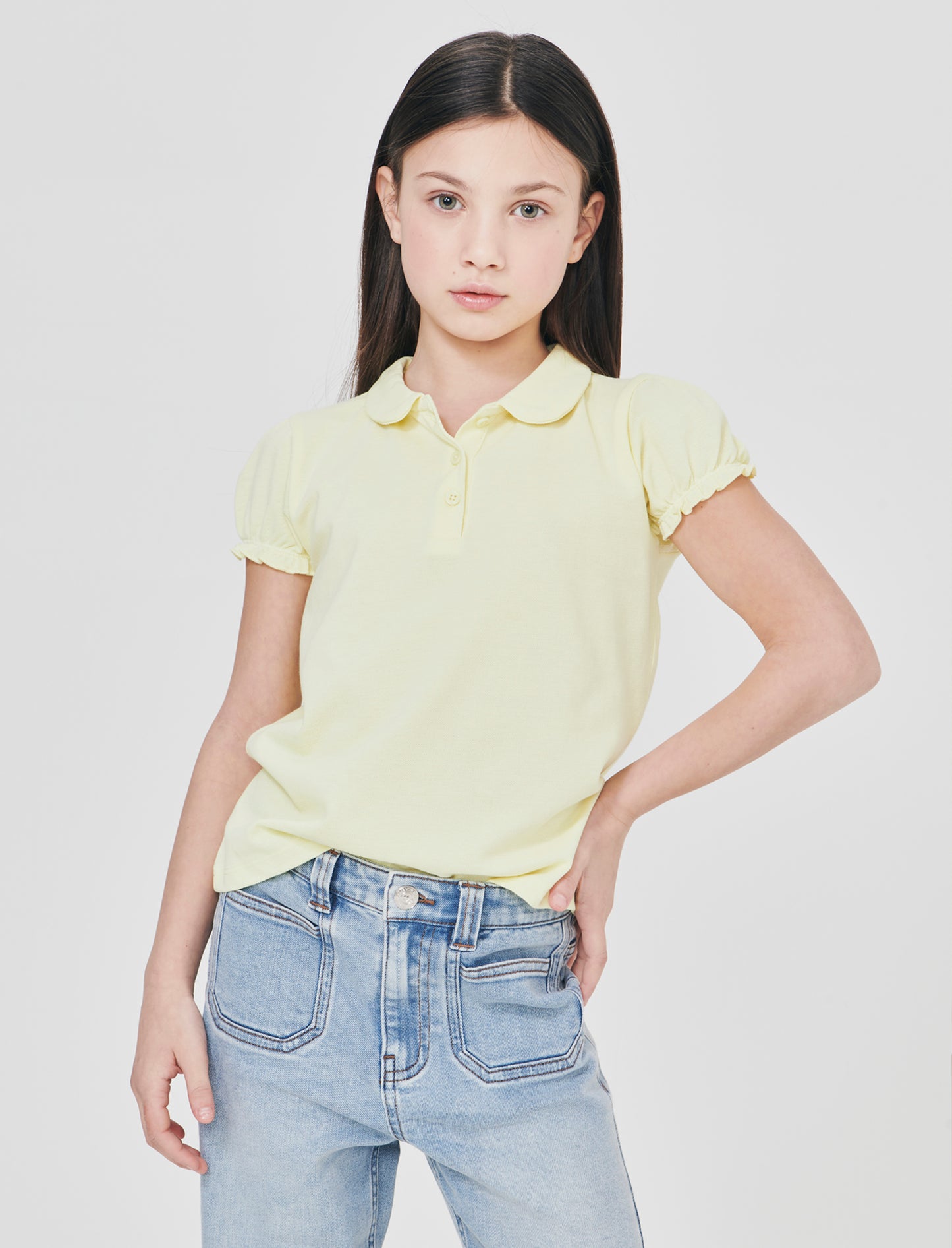 T-shirt polo cotone bambina con maniche arricciate - Giallo