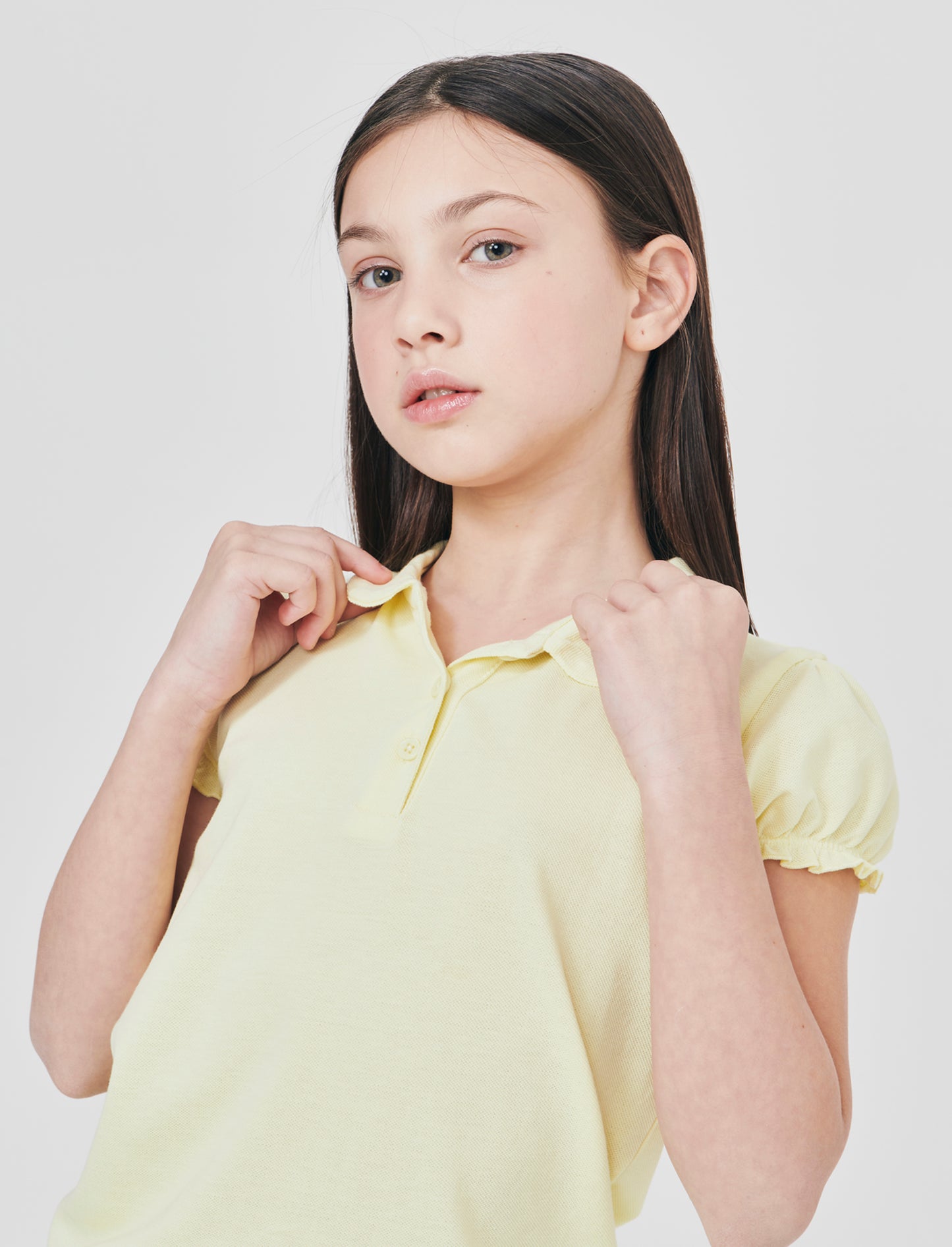 T-shirt polo cotone bambina con maniche arricciate - Giallo